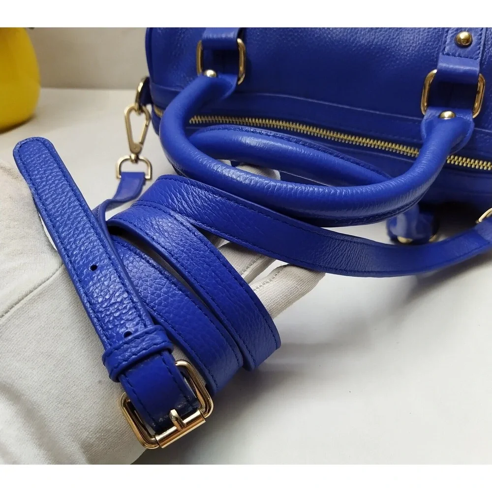 Terzetto Blue Pebbled Leather Double Handle Zipper Closure Satchel Shoulder Bag